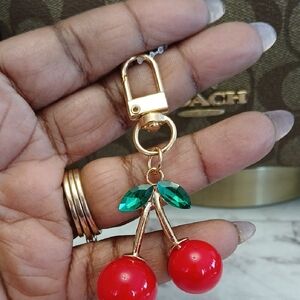 Cute Mini Red Cherry Bag Charm Keychain with Gold Accent